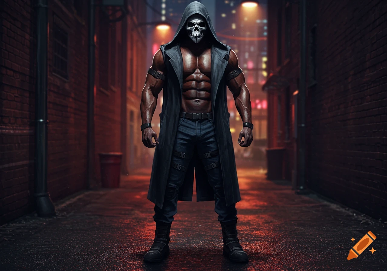 A muscular man with a skull mask, black hooded coat, and combat gear stands in a dark, neon-lit alley.