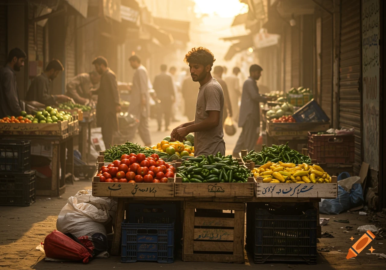 Photorealistic image of a man at a bustling street fruit and vegetable market in Pakistan with sunlight and dusty ground.