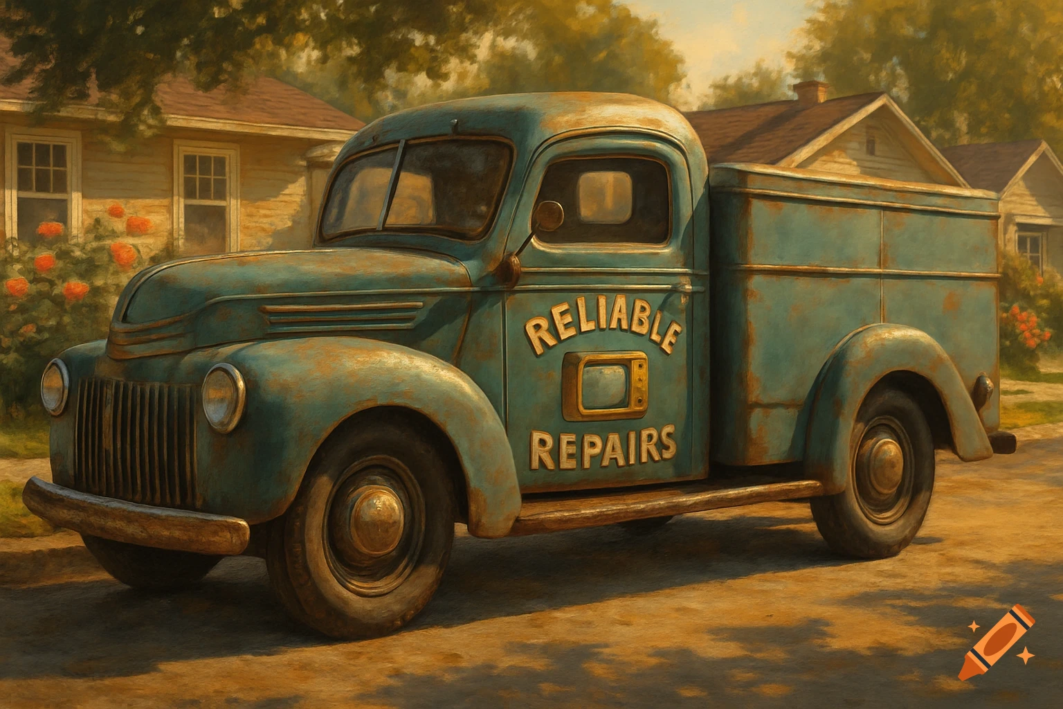 A vintage teal truck with 'RELIABLE REPAIRS' on its side, parked in a sunny, painterly suburban street.
