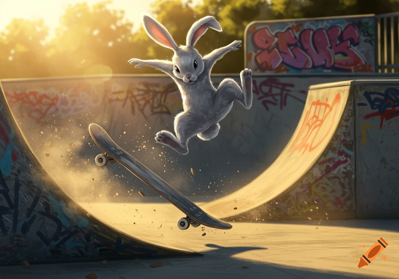 A cartoon bunny in mid-air above a skateboard, performing a kickflip at a sunny outdoor skatepark with graffiti.