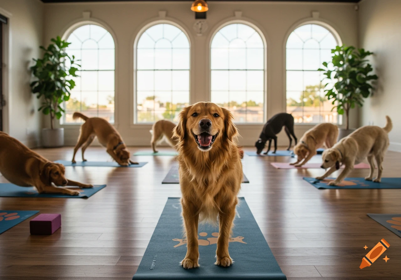 A golden retriever stands on a yoga mat surrounded by other dogs doing downward dog in a bright studio.