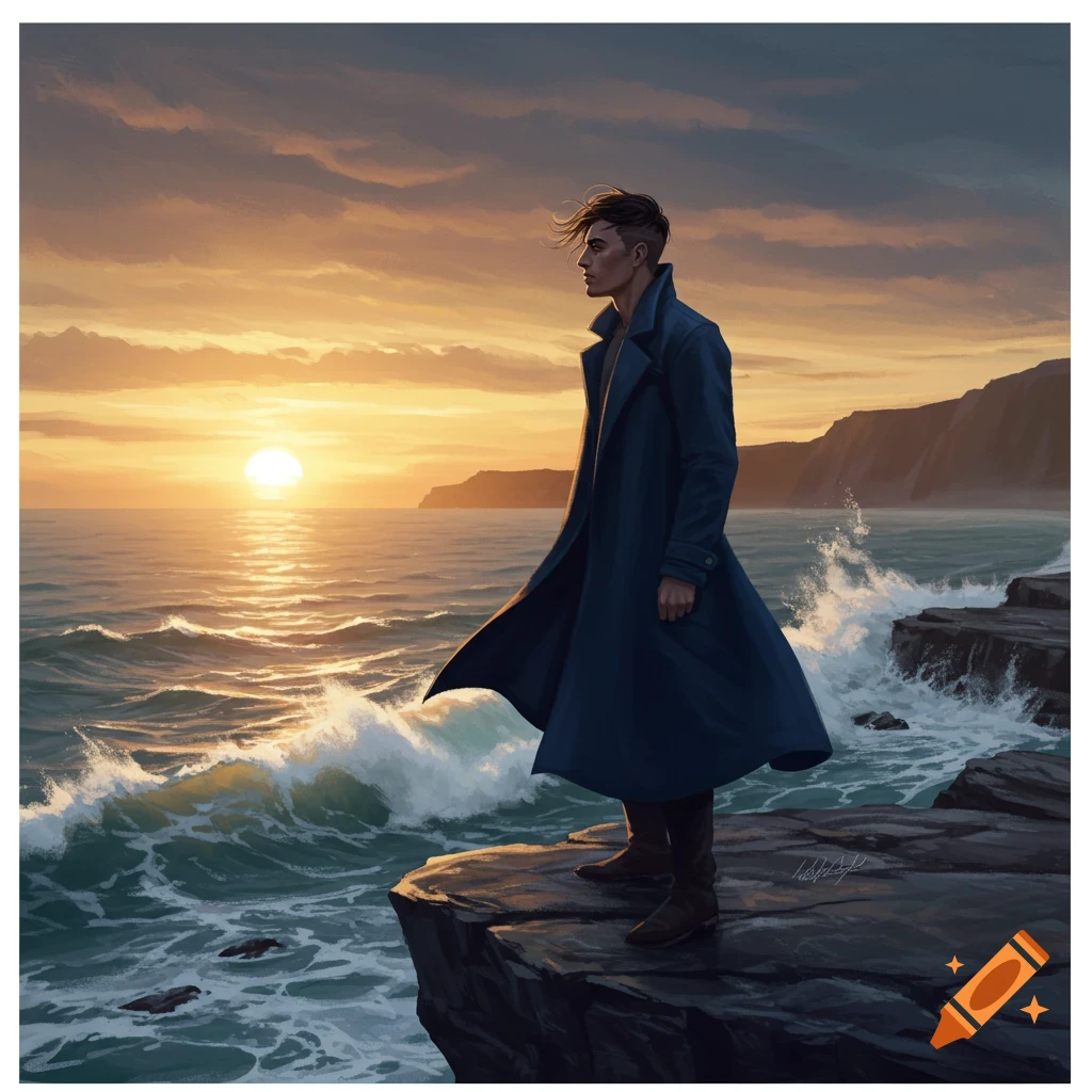 A man in a dark coat stands on a cliff overlooking a stormy sea at sunset, digital art.