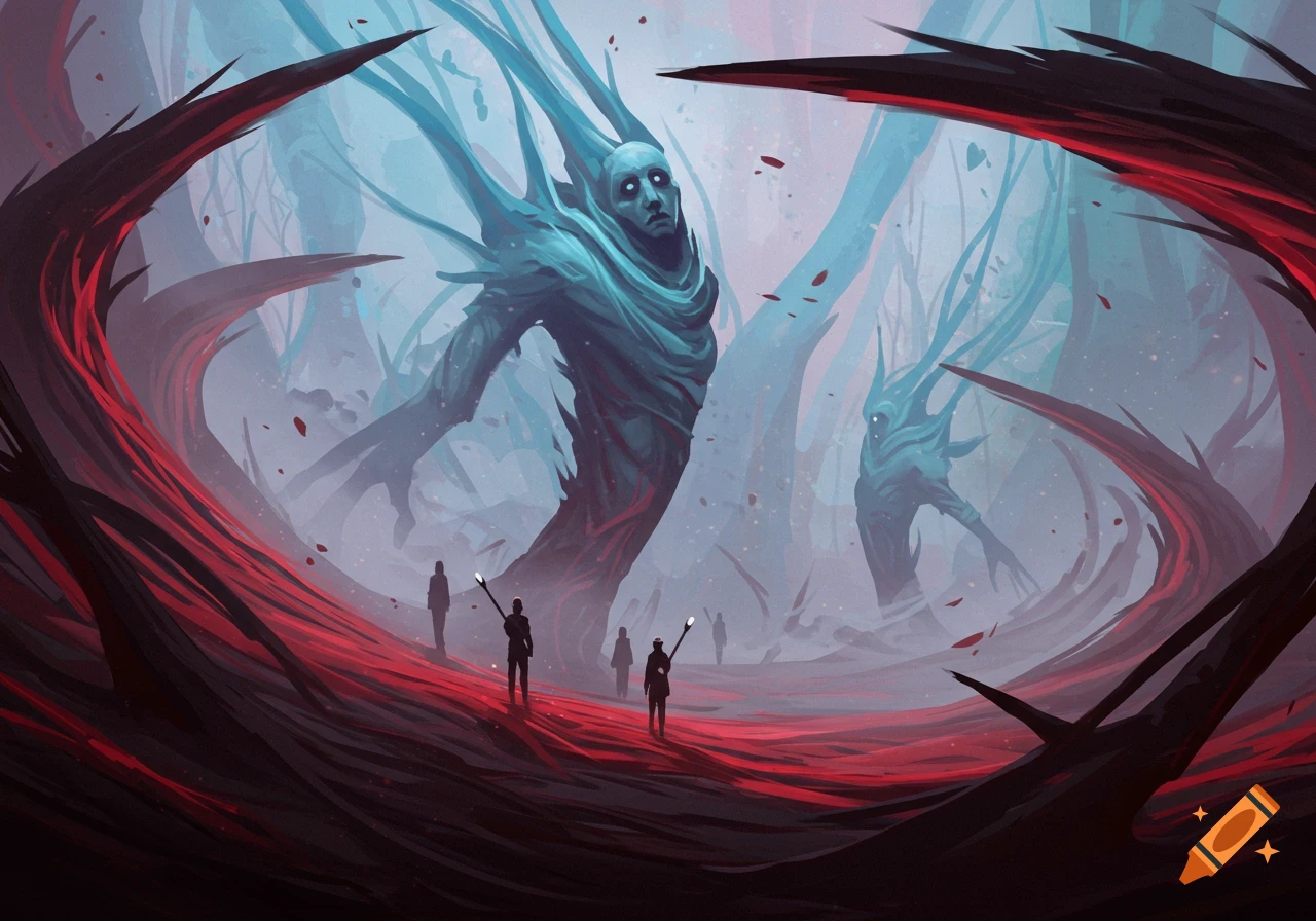 Digital painting of small figures in a red, misty forest looking up at colossal, blue, ethereal beings.