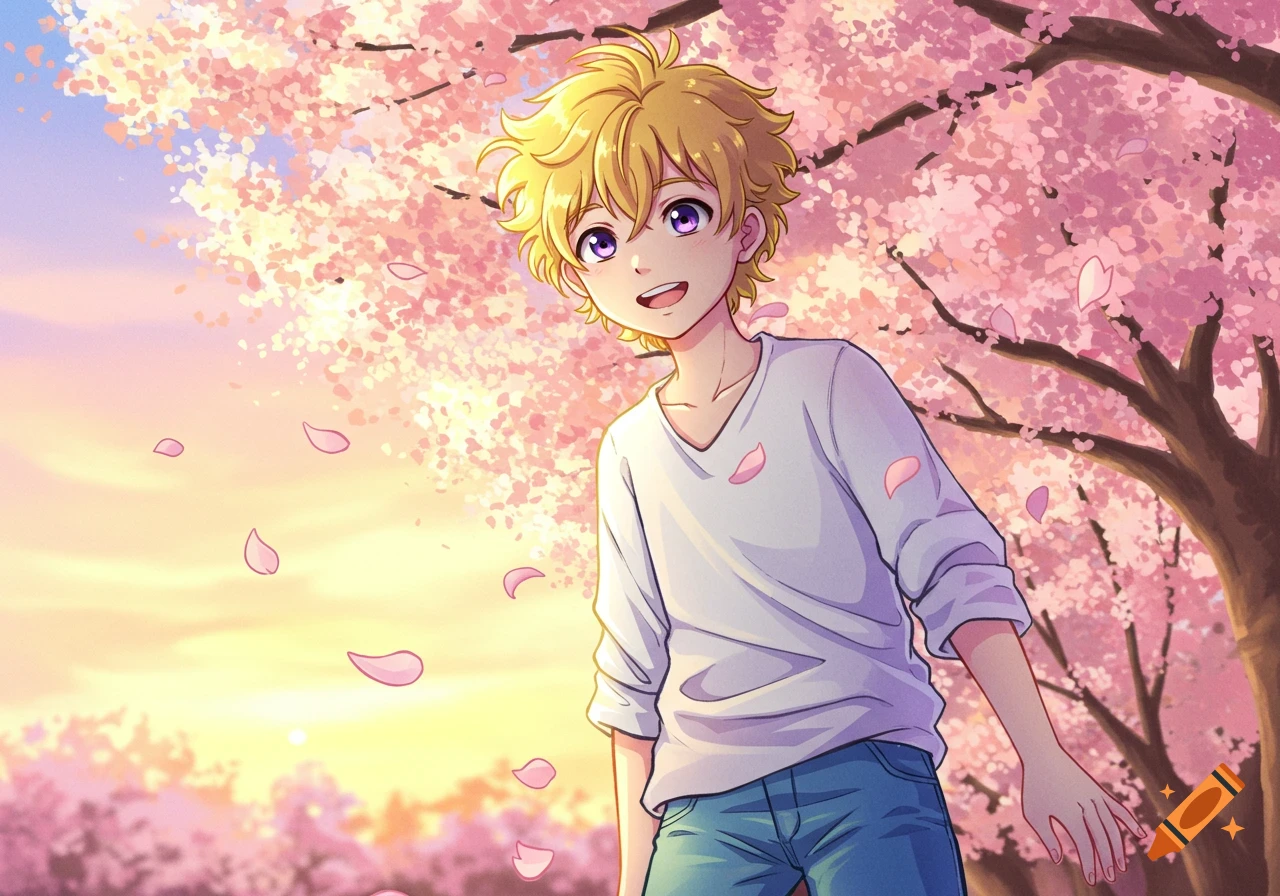 A blonde boy with purple eyes smiles under a cherry blossom tree at sunset, anime style.