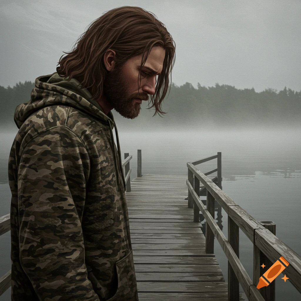 A man with long brown hair and a beard wearing a camouflage hoodie stands on a wooden pier, looking down at a misty lake.