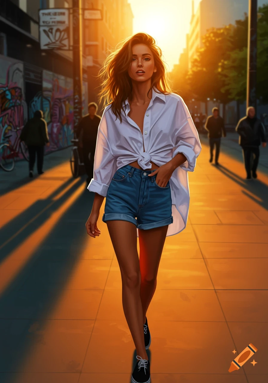 A photorealistic image of a woman in a white shirt and denim shorts walking on a sunny urban street at golden hour.