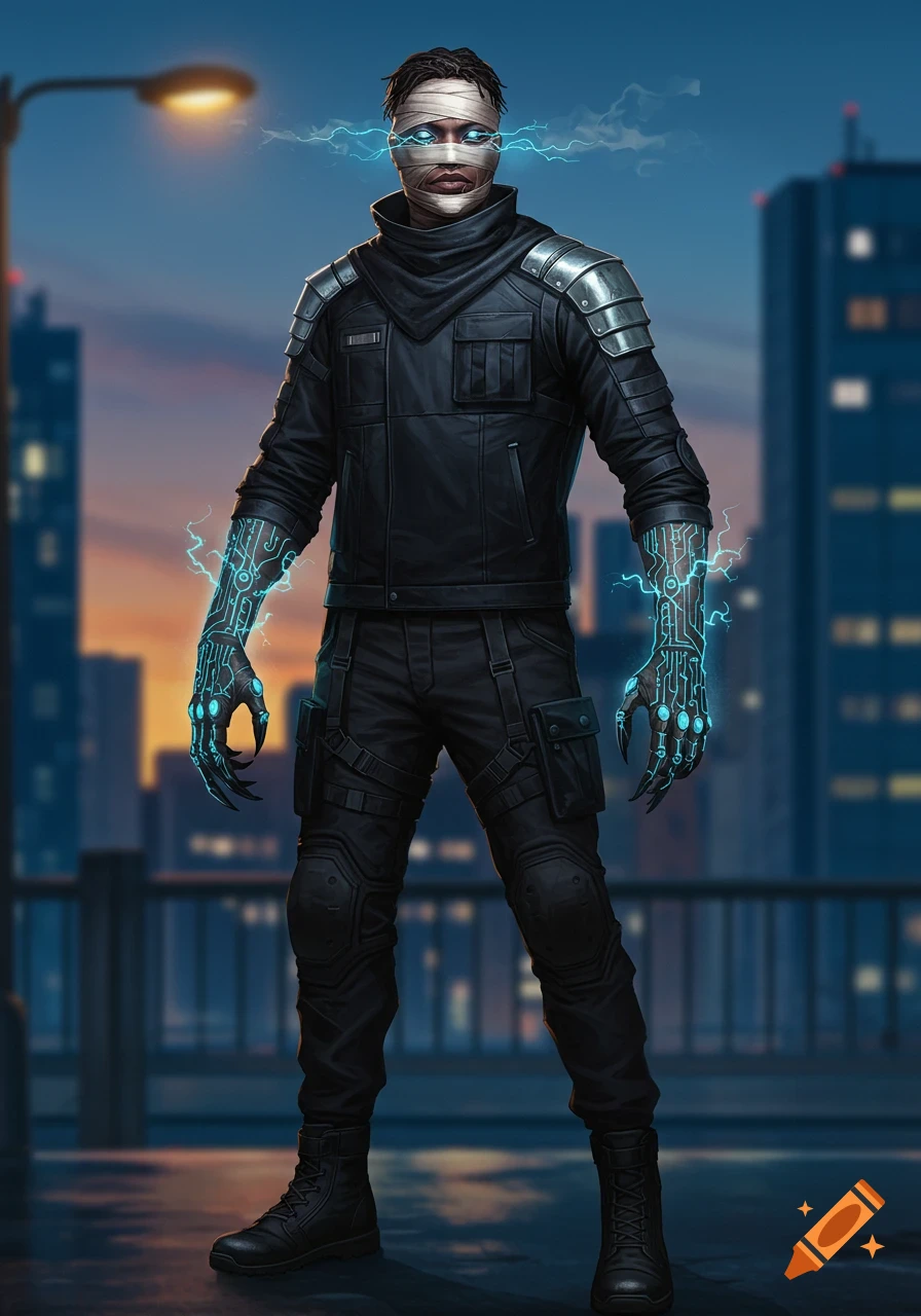 A powerful sci-fi character with glowing blue eyes, bandage-wrapped face, and glowing circuit arms, stands in a futuristic city at dusk.