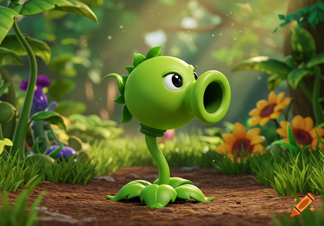 A bright green, cartoon Peashooter character from Plants vs Zombies stands in a lush, sunlit jungle setting with sunflowers.