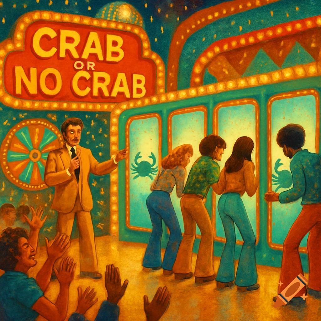 A colorful 70s-style game show scene with a host pointing towards contestants looking into windows under a "CRAB OR NO CRAB" sign.