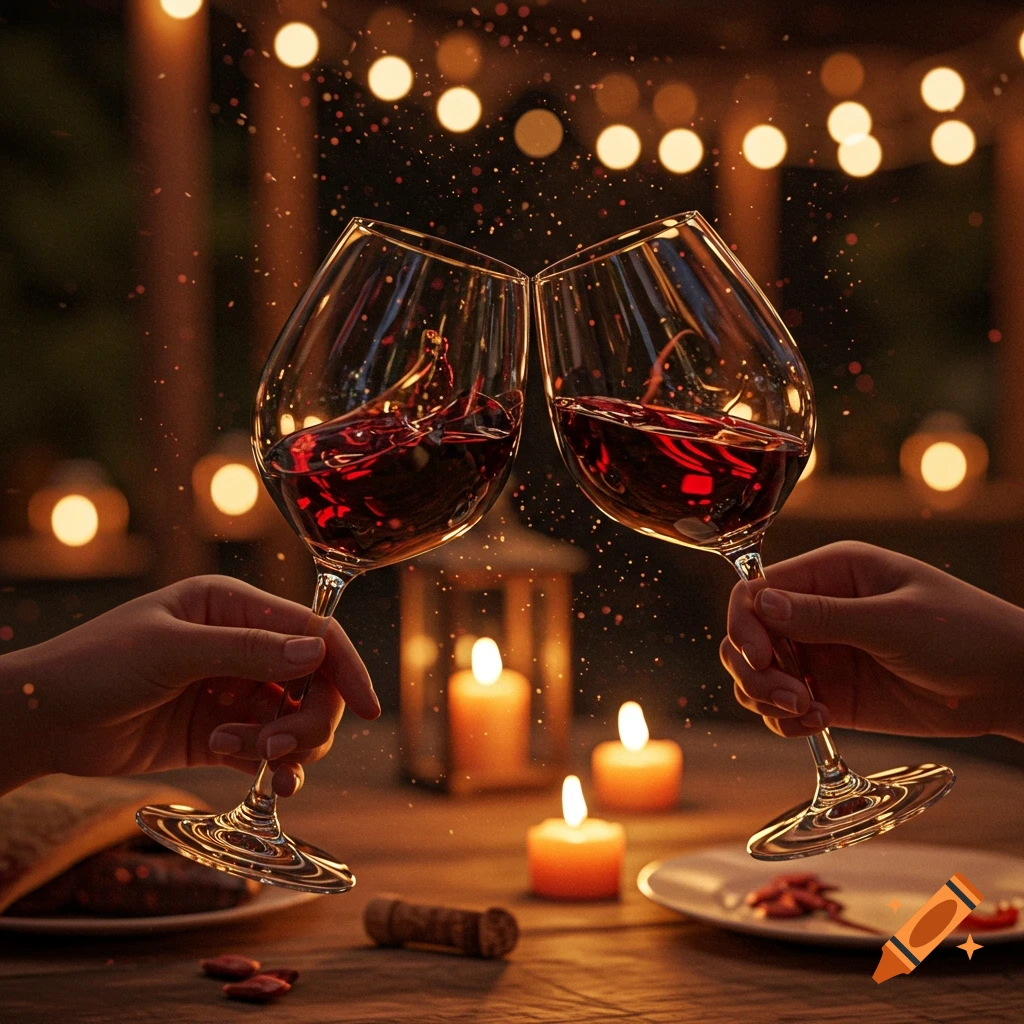 Two hands clinking wine glasses filled with red wine, set against a blurred background of twinkling lights and candlelight.
