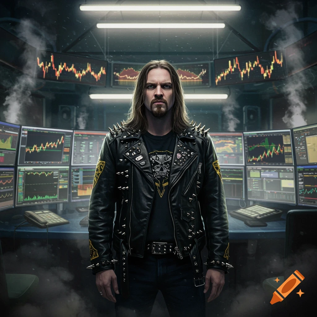 A long-haired man in a spiked leather jacket stands in a dark control room with multiple screens displaying financial charts.