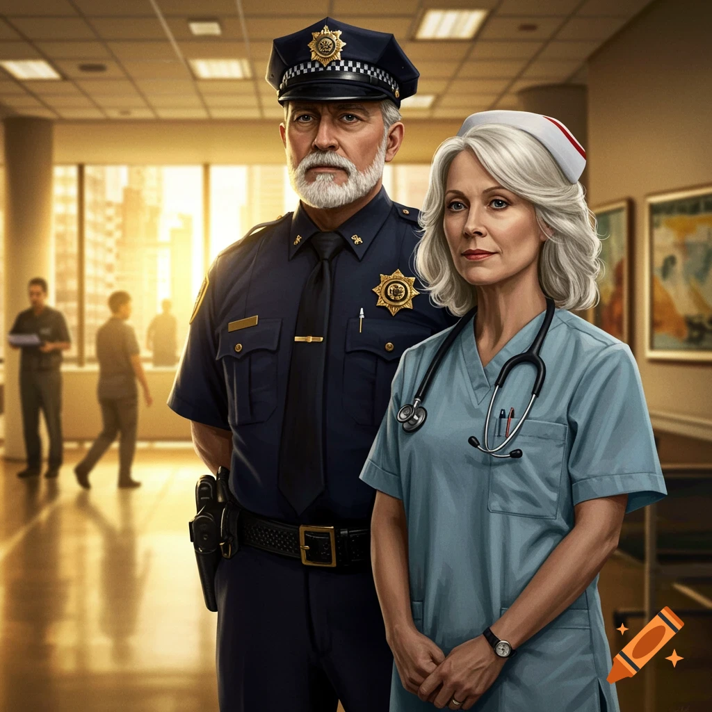 A photorealistic image of a police officer and a nurse in uniform standing in a brightly lit hospital hallway.
