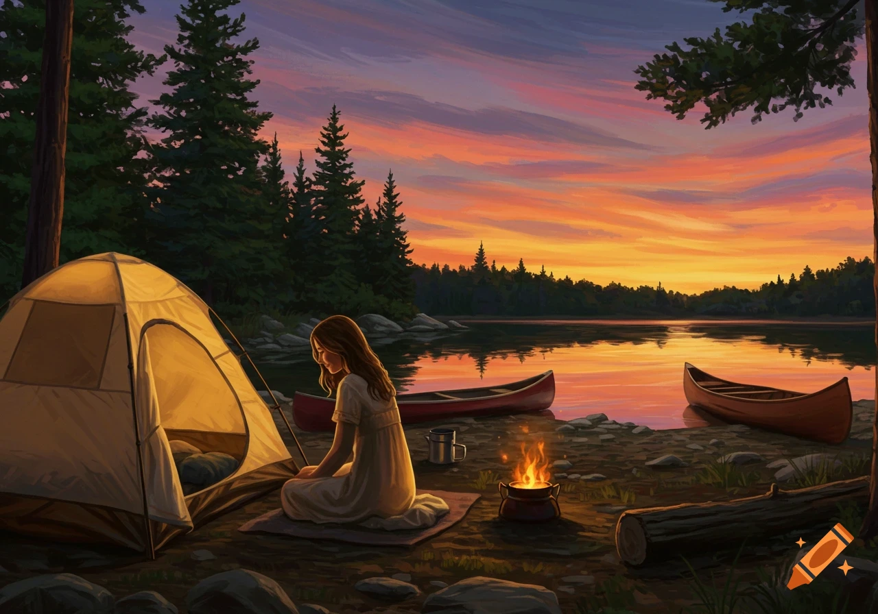 Illustrated scene of a woman sitting by a campfire next to a tent at a lake during sunset, with canoes on the shore.