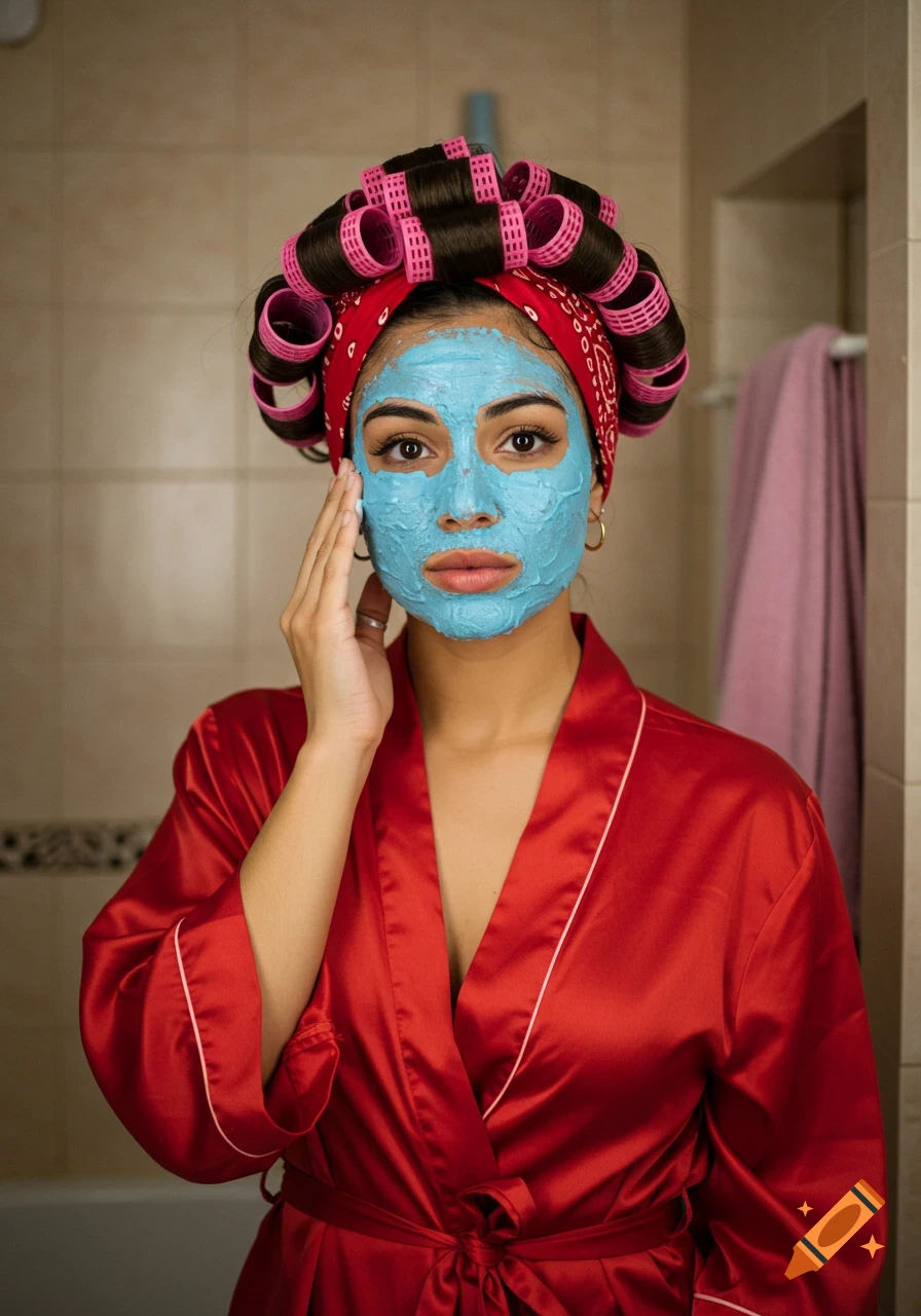 Photorealistic image of a Hispanic Latin woman in a bathroom, wearing a blue facial mask, pink hair rollers, and a red satin robe.