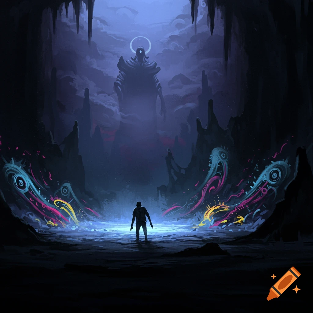 A lone figure faces a massive, imposing ancient guardian in a dark, glowing cave with abstract vibrant energy patterns. Digital art.