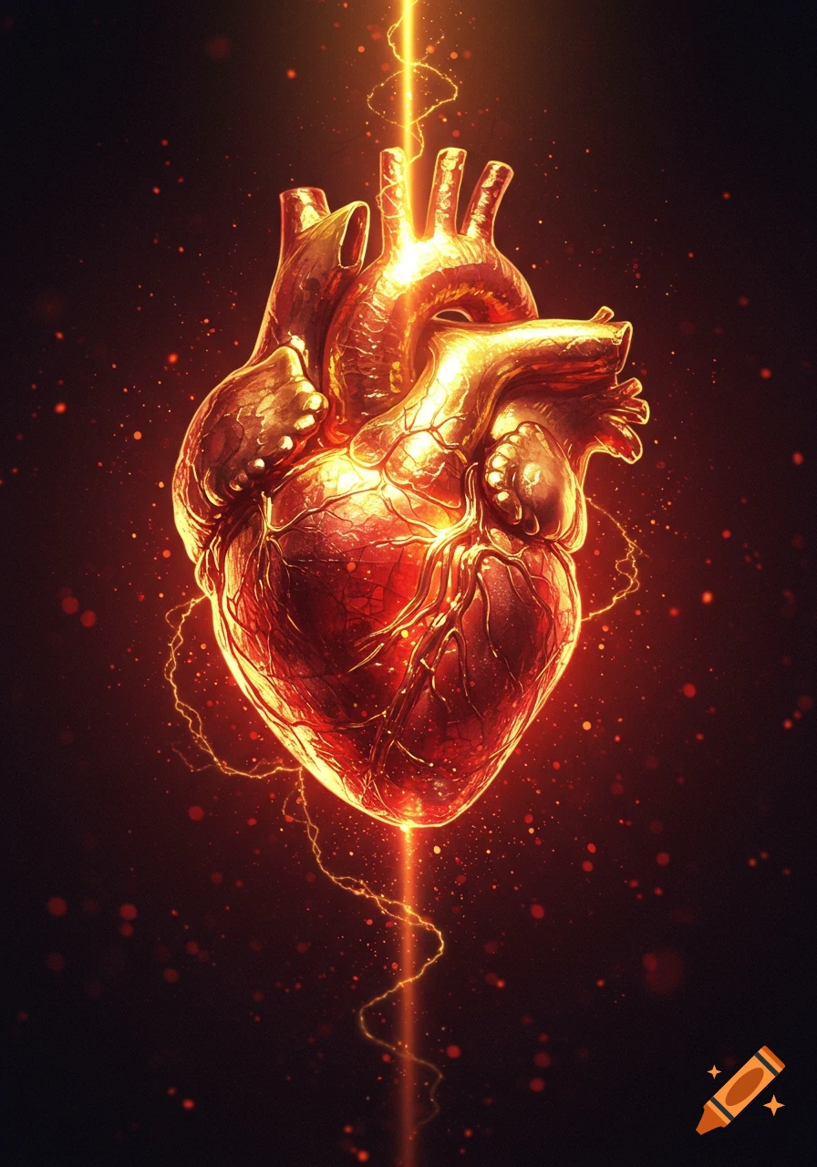 A vivid, glowing, golden and red anatomical heart with energy strands and particles radiating on a dark background.