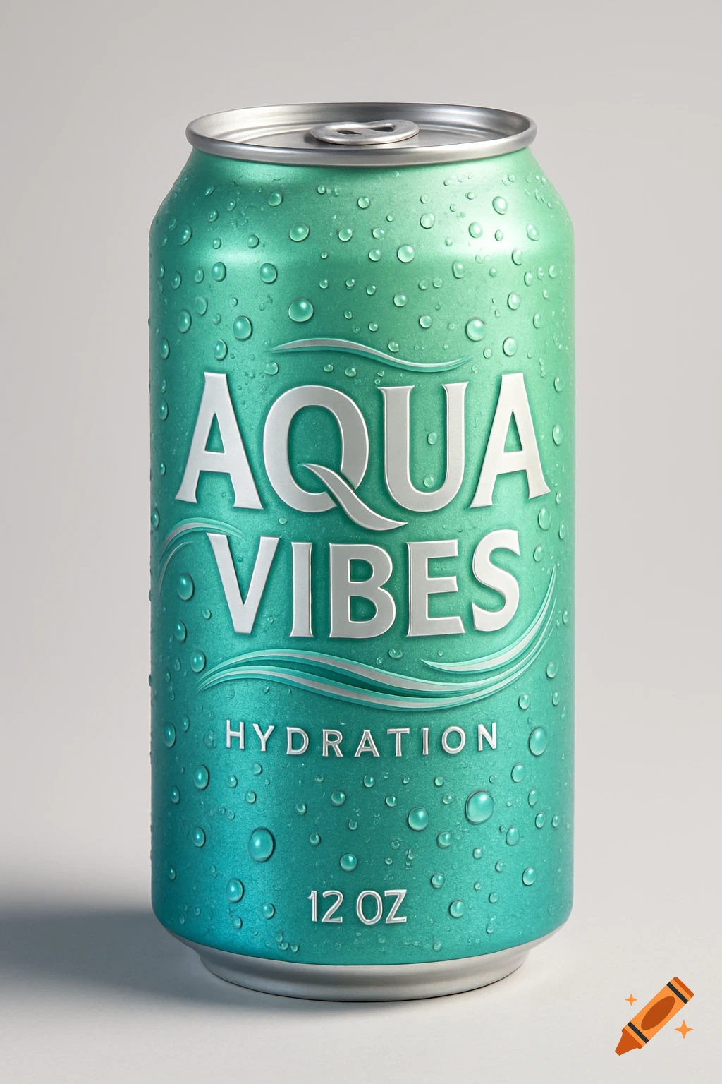 A photorealistic image of a green soda can covered in water droplets with the text "AQUA VIBES HYDRATION 12 OZ" on it.