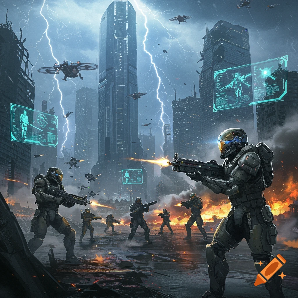 Futuristic soldiers fight in a war-torn cyberpunk city under a lightning storm, with drones and holographic screens.