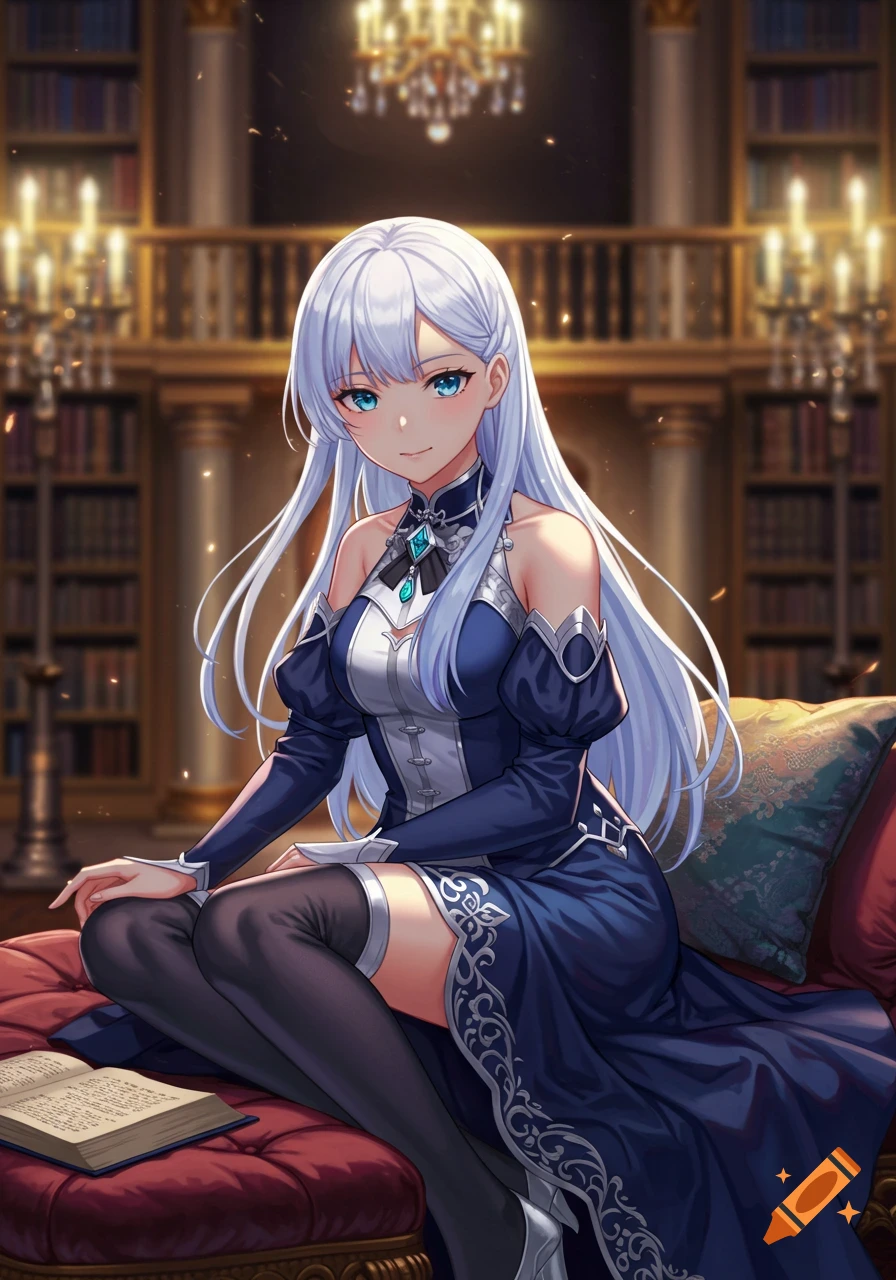 Anime woman with white hair and blue eyes sits on a red sofa, holding an open book in a library.