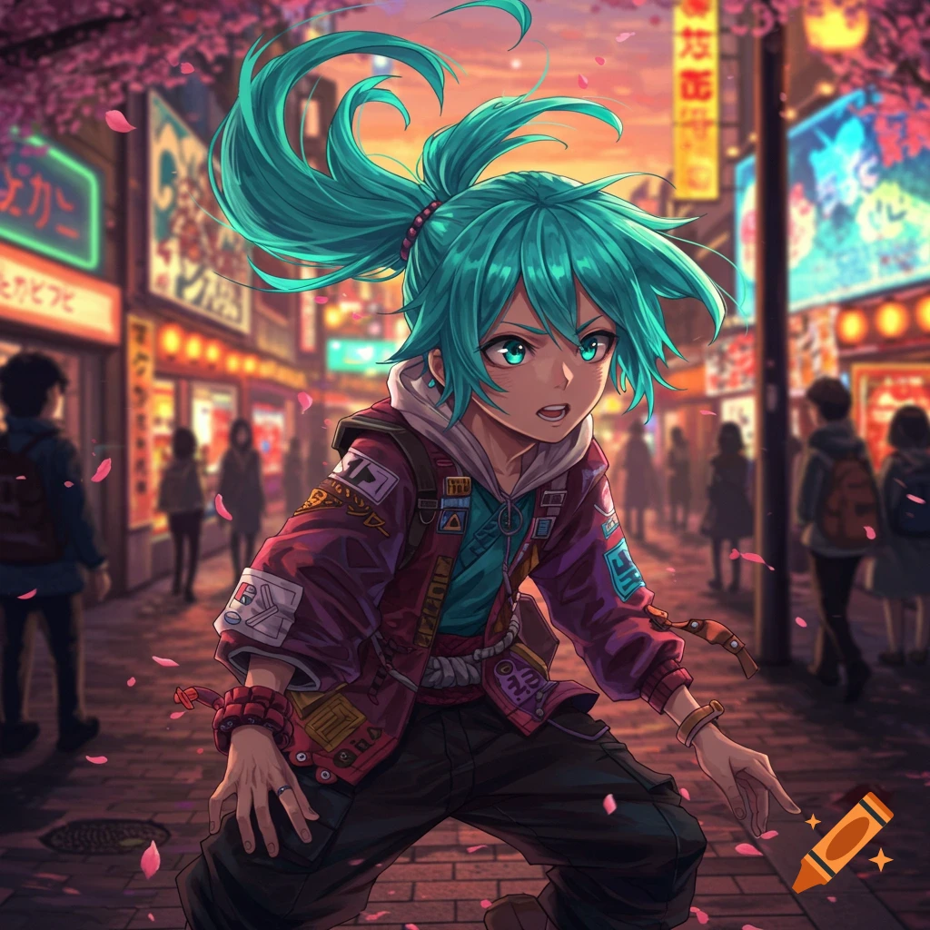 Anime character with teal hair in a purple jacket crouching in a vibrant cyberpunk street at sunset with cherry blossoms.