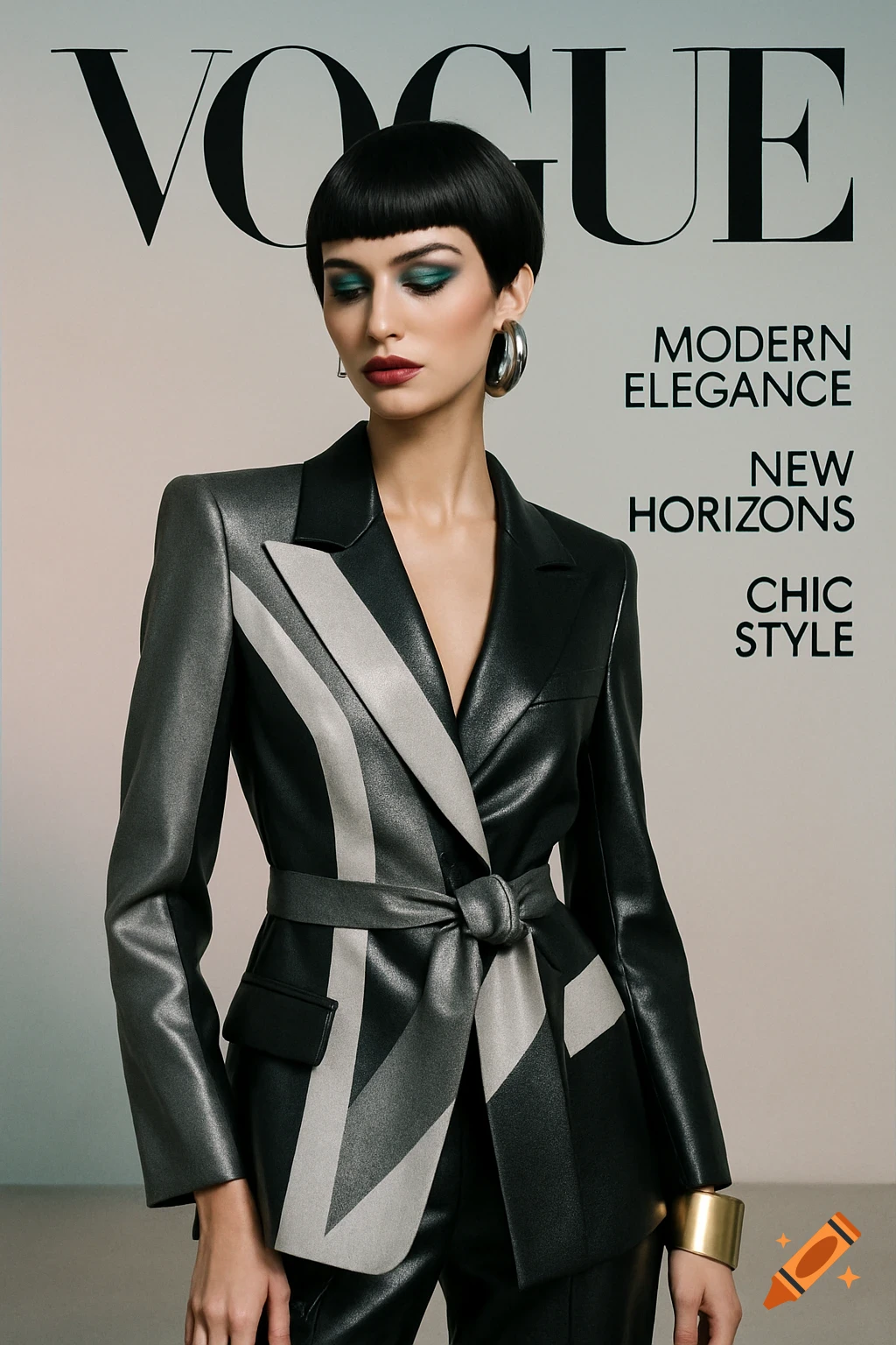 A fashion model with a black bob haircut wearing a black and gray leather blazer on a Vogue magazine cover.