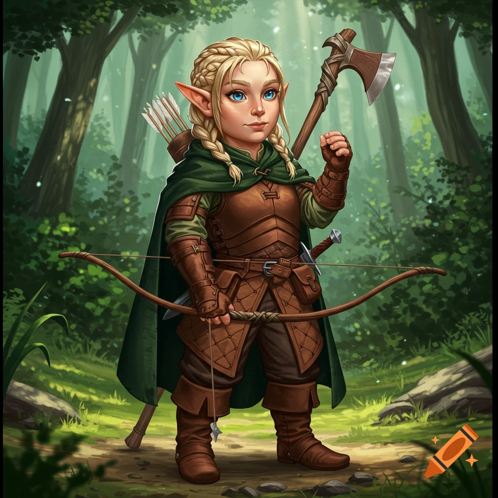 A young blonde elf/halfling woman in leather armor and a green cloak stands in a forest, holding a bow and carrying an axe.