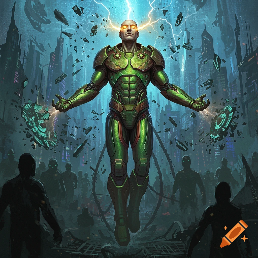 A bald man in a green armored suit with glowing eyes and lightning around his head floats above a futuristic, ruined city. Debris and glowing green constructs surround him, with silhouetted figures on the ground below.
