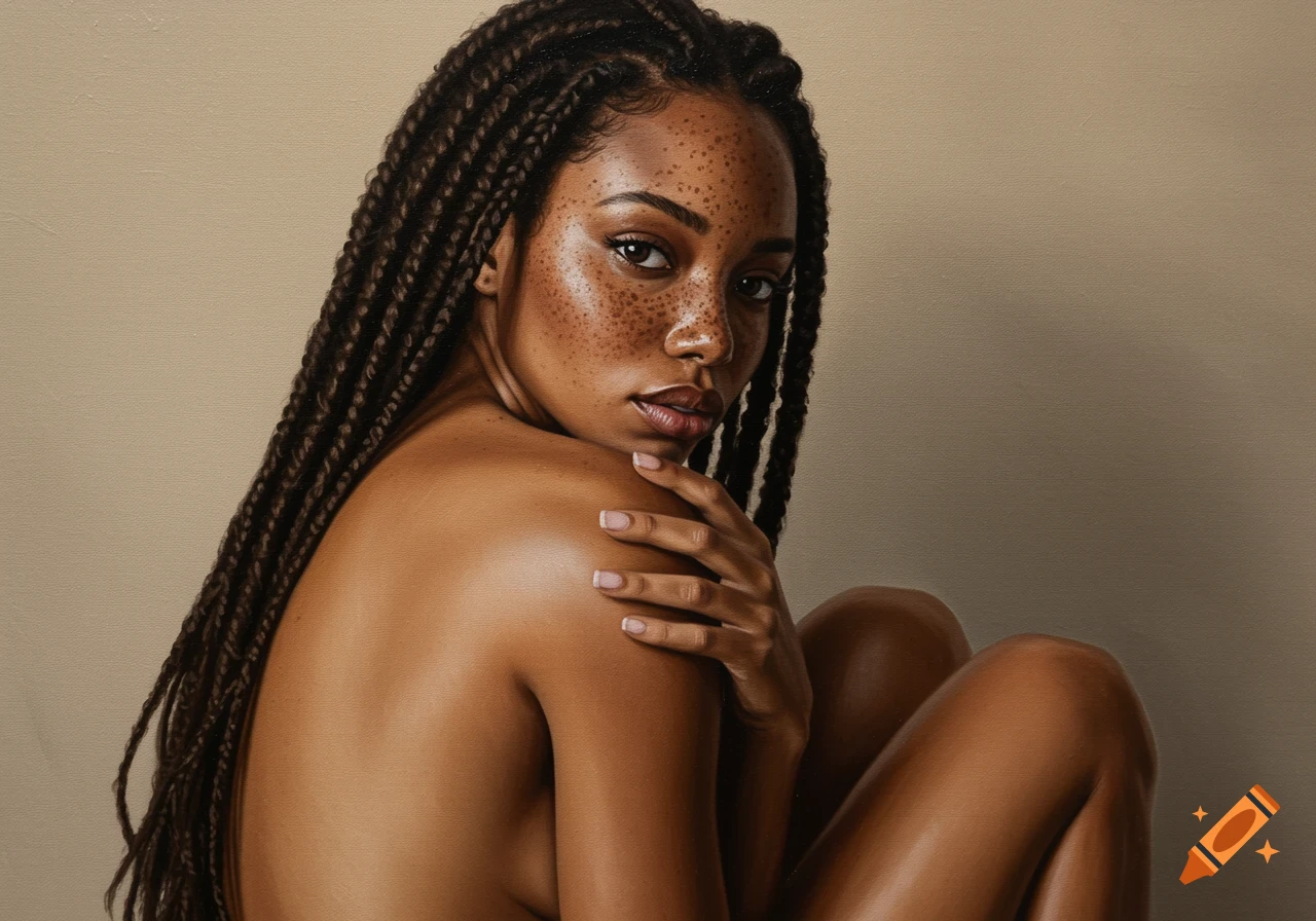 A photorealistic painting of a woman with long box braids and freckles looking over her shoulder.
