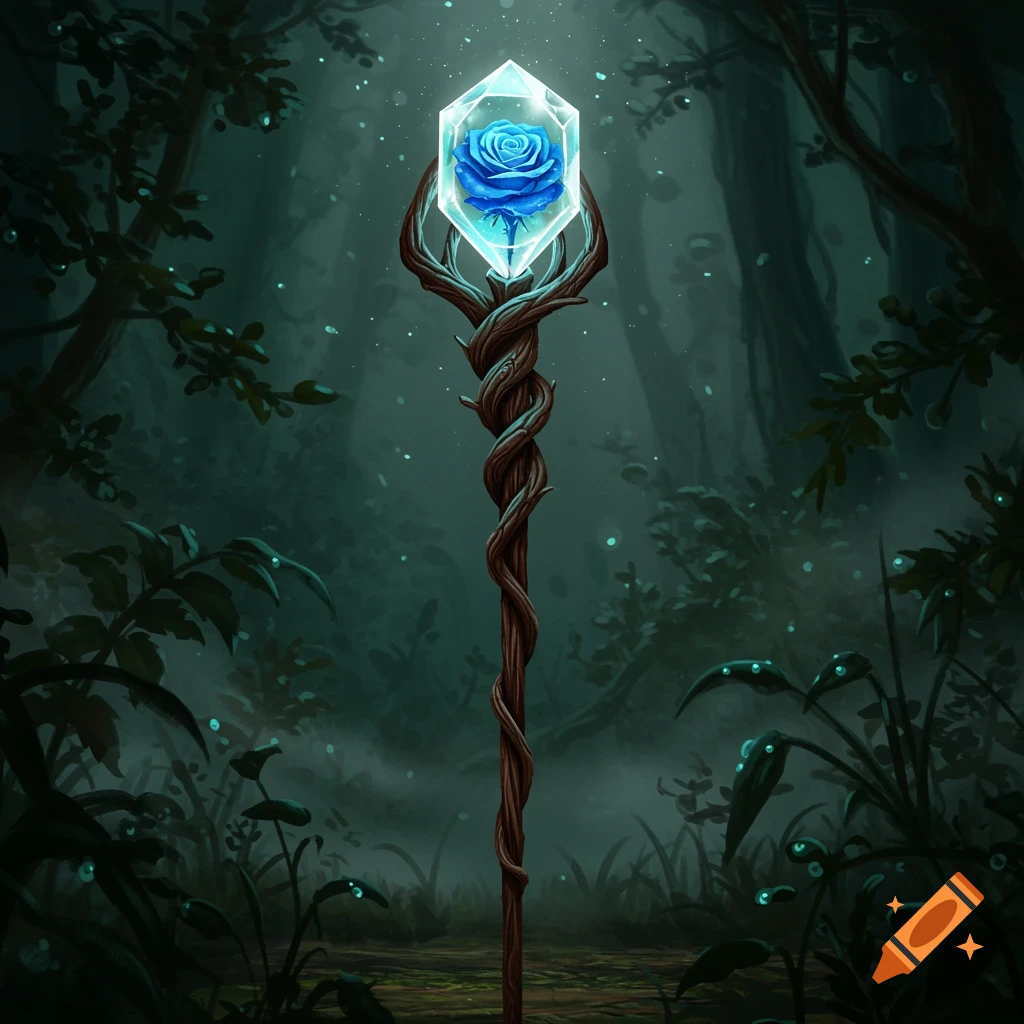 A magical staff with a glowing crystal encasing a blue rose stands in a dark, mystical forest with glowing particles, digital art.