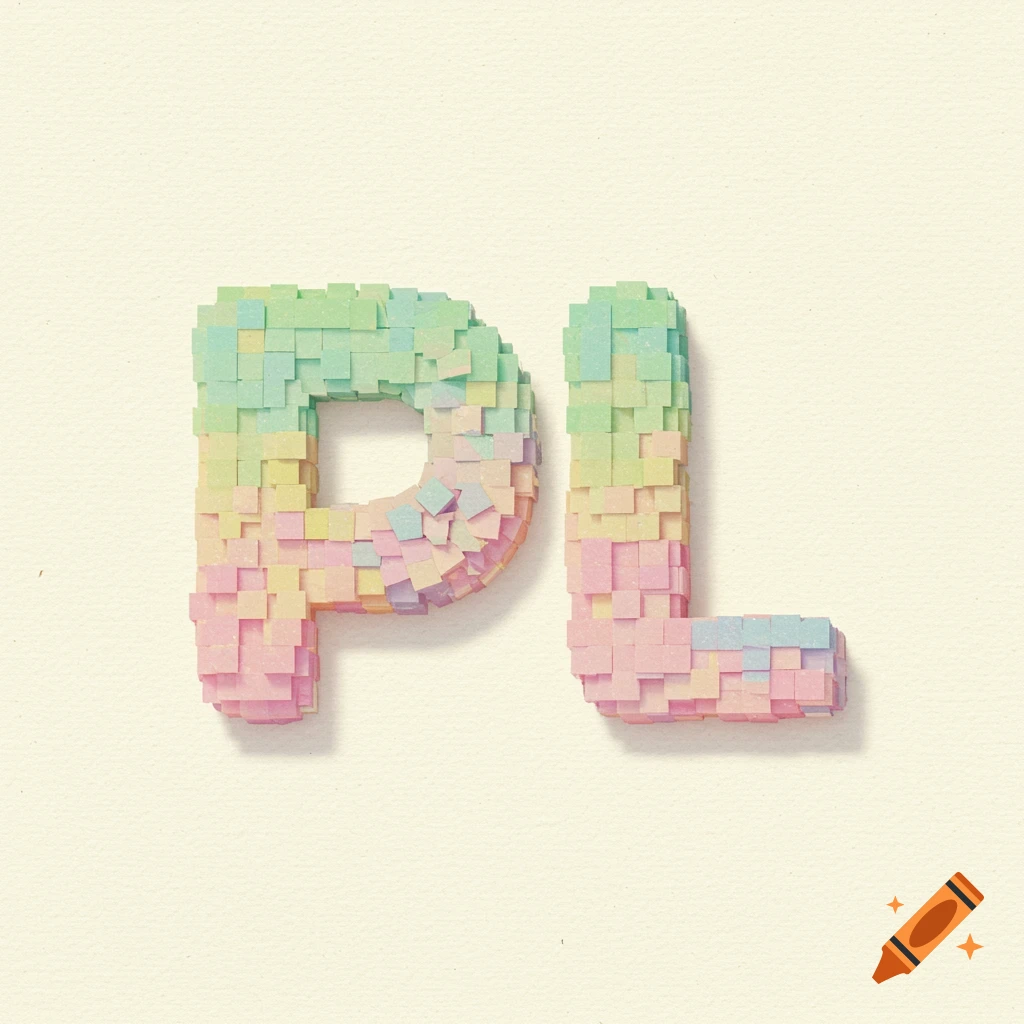 The letters P and L formed by a mosaic of pastel-colored pixel-like squares on a light background.
