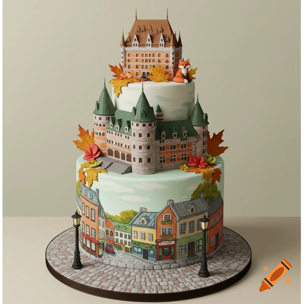 A multi-tiered cake decorated as Quebec City, featuring the Chateau Frontenac, historic buildings, autumn leaves, and a fox figurine, on a cobblestone base.
