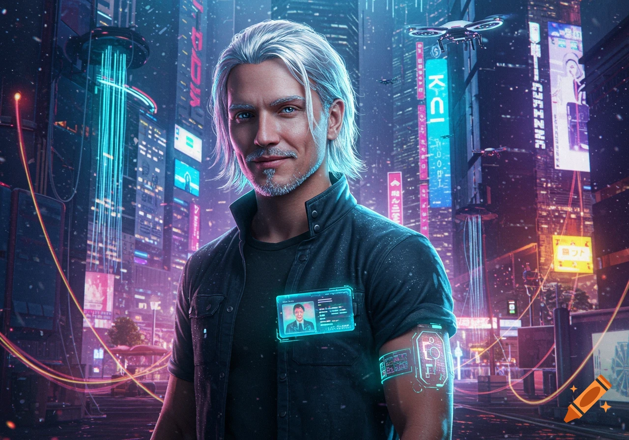 A man with silver hair and a goatee stands in a vibrant, neon-lit cyberpunk city, displaying holographic futuristic technology on his chest and arm.