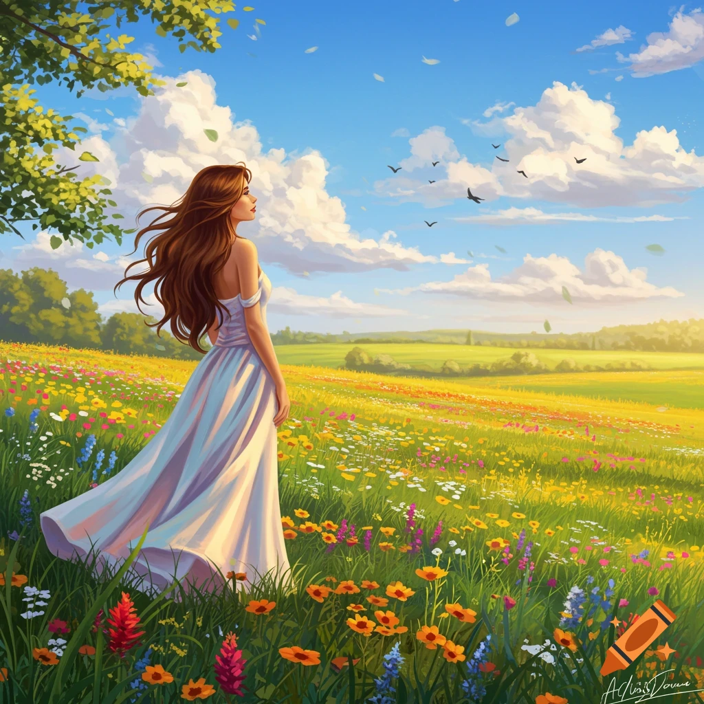 A woman with long brown hair stands in a vibrant wildflower meadow, looking up at a bright blue sky with clouds. Illustrative style.