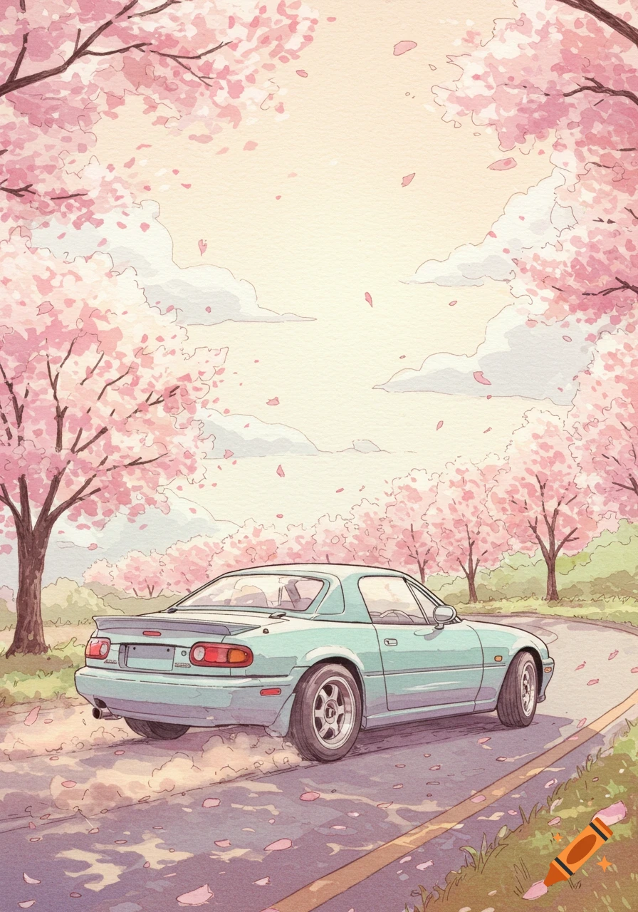 A light blue 1990s Miata drifts on a road lined with pink cherry blossom trees, rendered in a soft watercolor style.