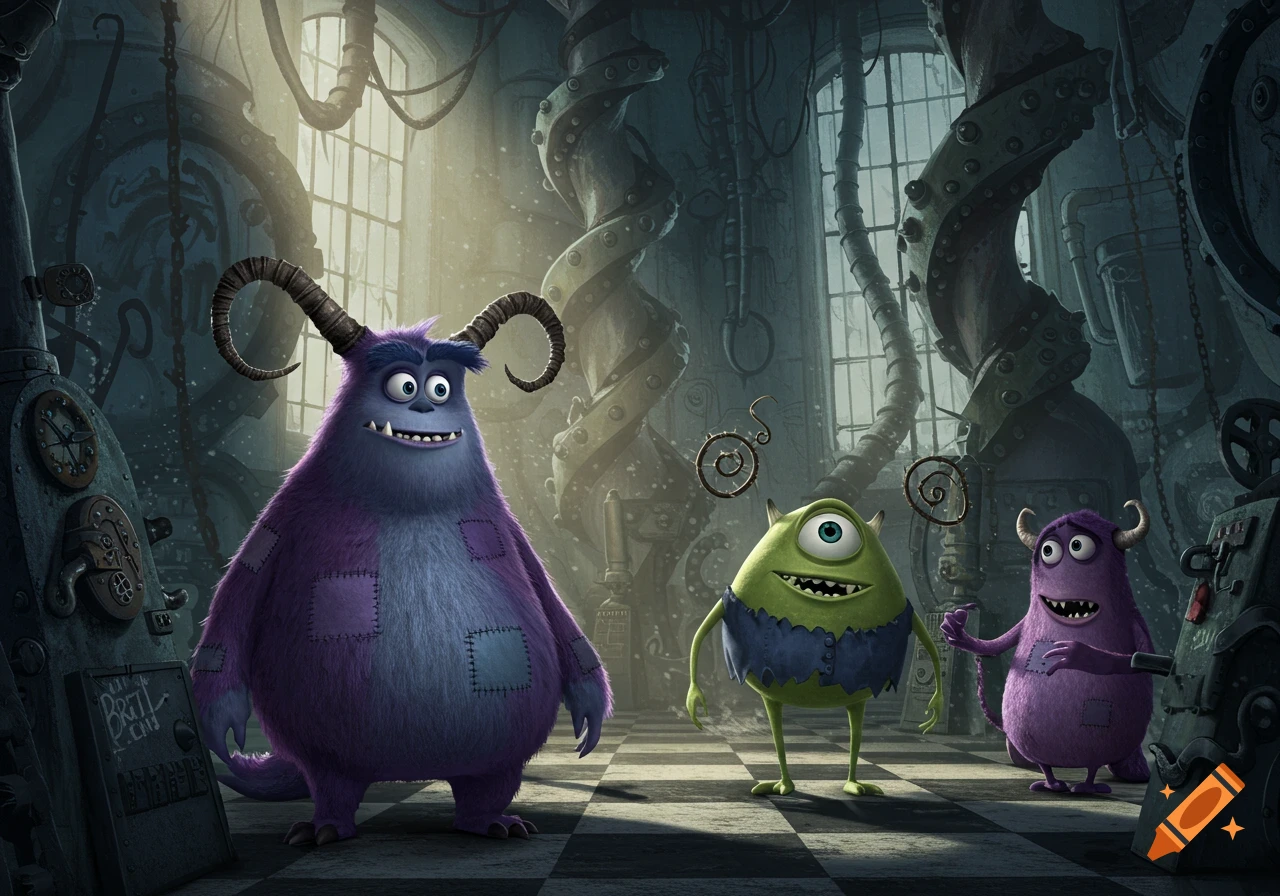 Three Monsters Inc. inspired monsters in a dark, stylized industrial setting, reminiscent of Tim Burton's aesthetic.