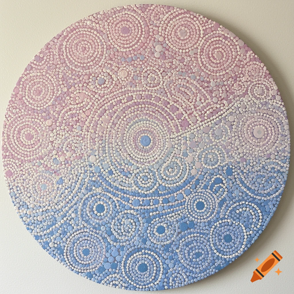 A round acrylic dot painting with pastel pink and blue colors arranged in intricate concentric circular patterns.