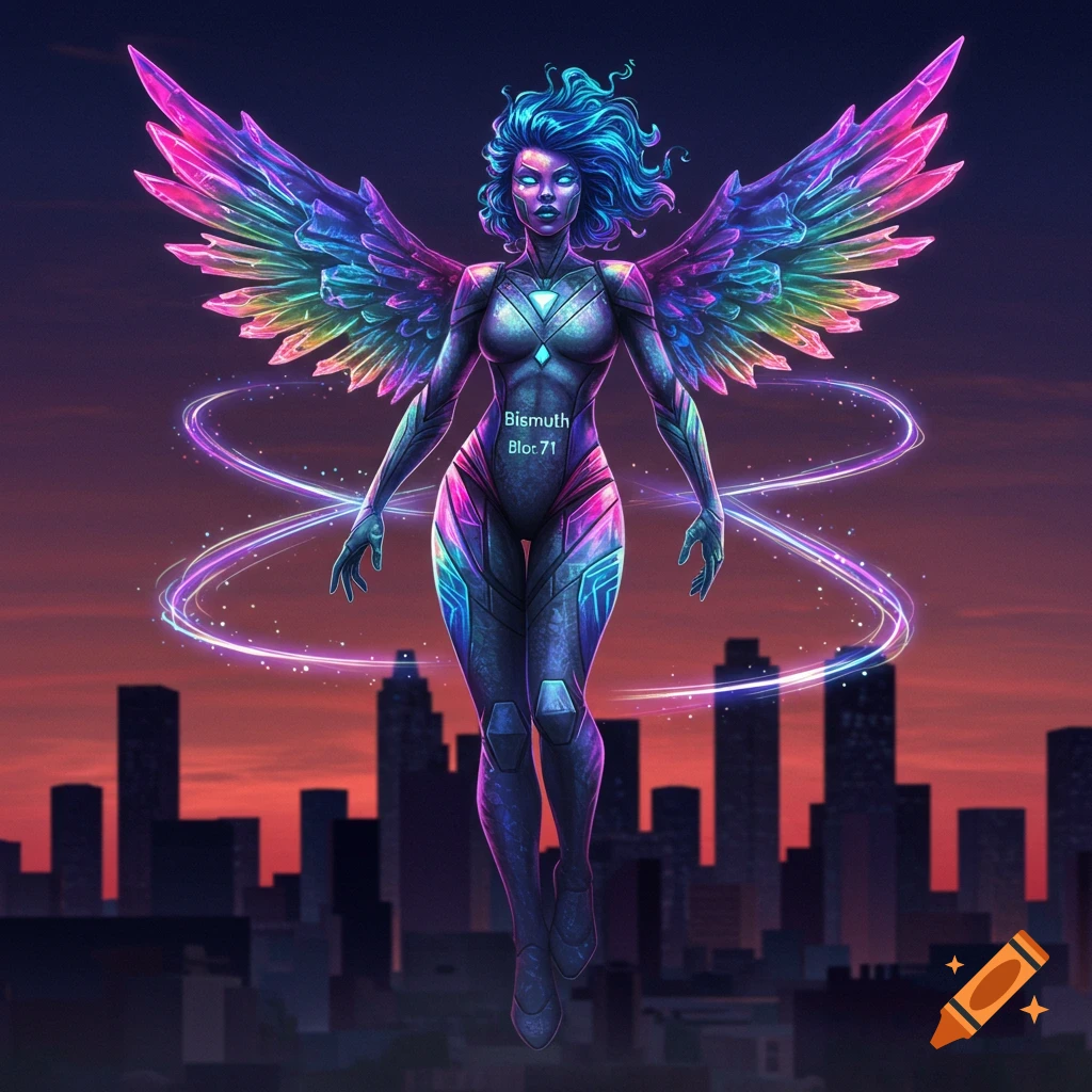 A vibrant female superhero with rainbow crystalline wings in a futuristic suit hovers over a city at sunset, digital art.