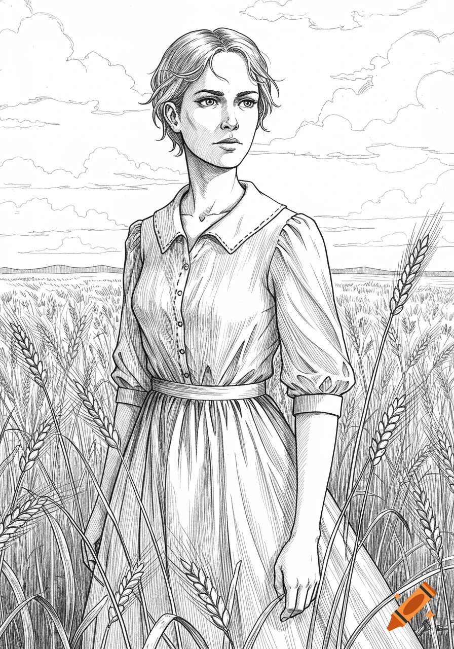 Line art drawing of a pioneer woman with a pixie cut standing in a wheat field under a cloudy sky.