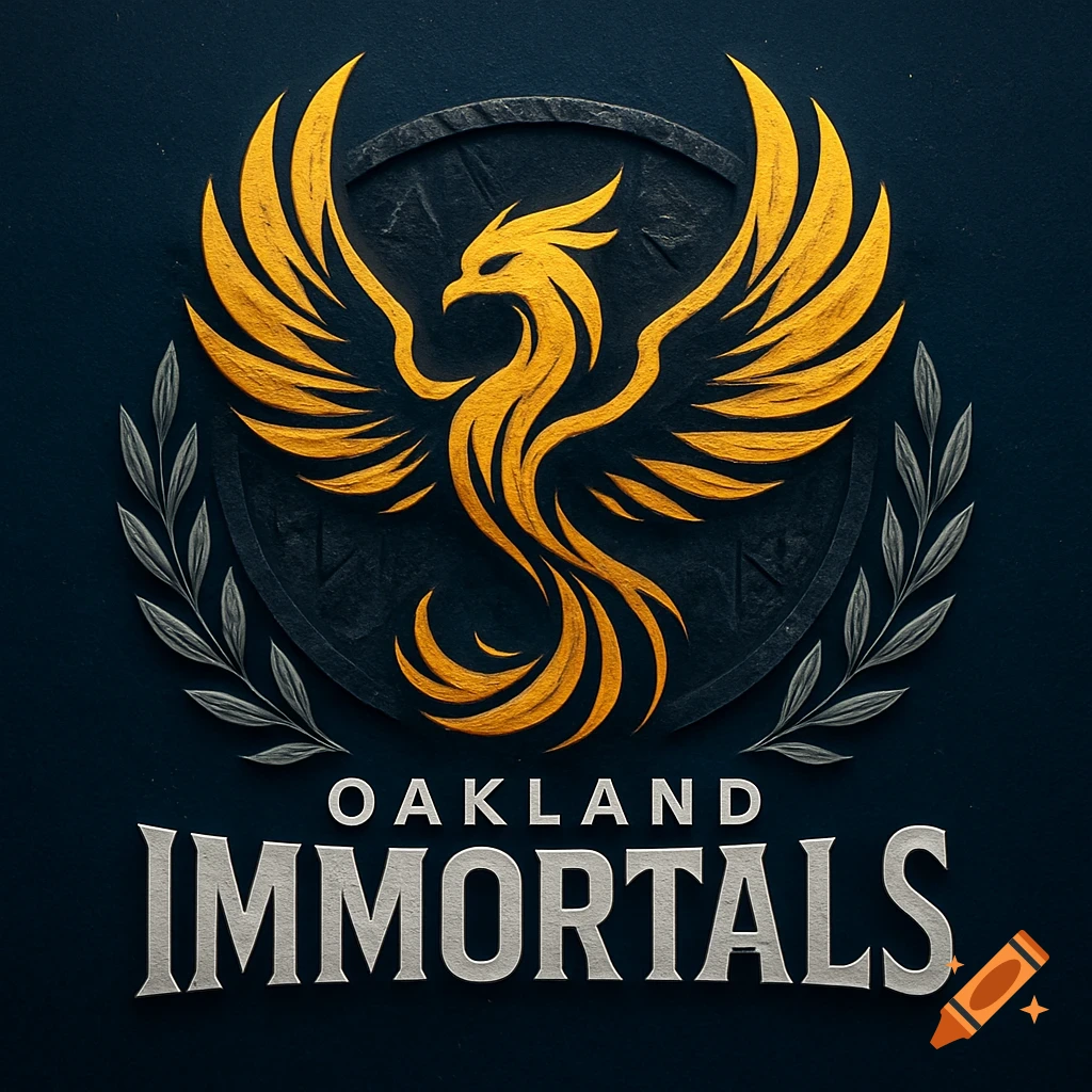 A golden phoenix logo on a dark background with grey branches, featuring the text 'Oakland Immortals' below it.