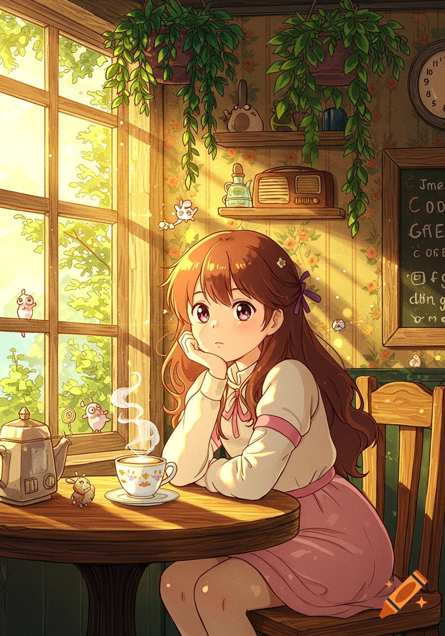 An anime girl with brown hair sits at a wooden table in a sunlit cafe, holding her chin, with a teapot and cup of steaming tea.
