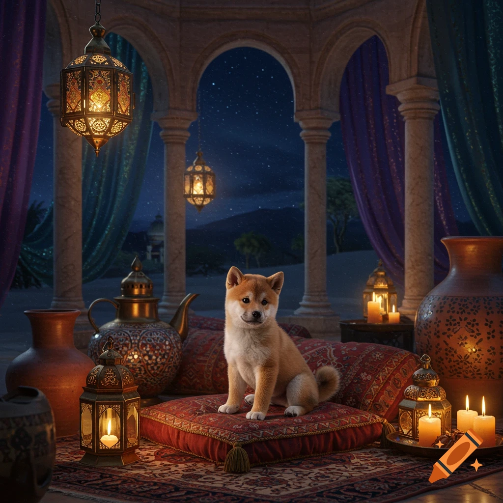 A cute Shiba Inu puppy on a red cushion in an ornate Arabian Nights setting with glowing lanterns under a starry night sky.