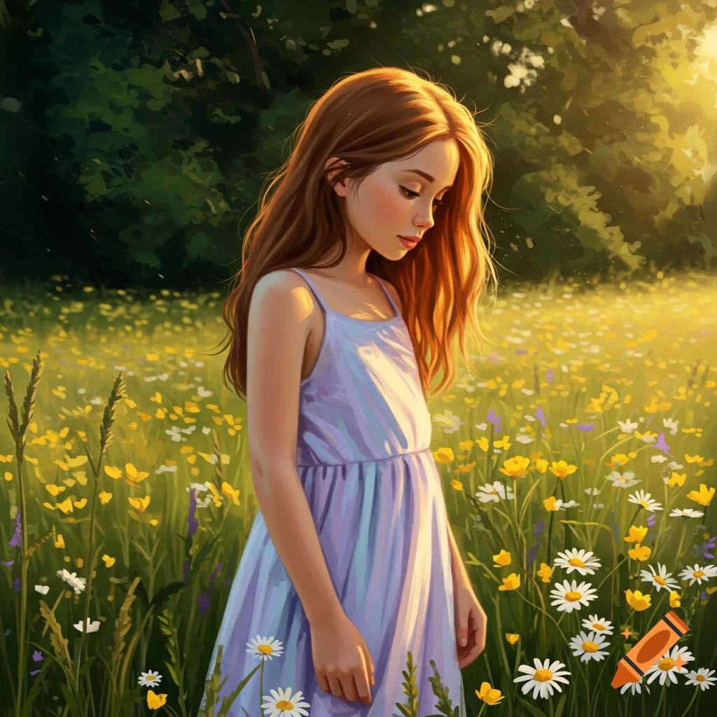 A young girl with long brown hair stands in a field of yellow and white wildflowers, looking down. Digital art.