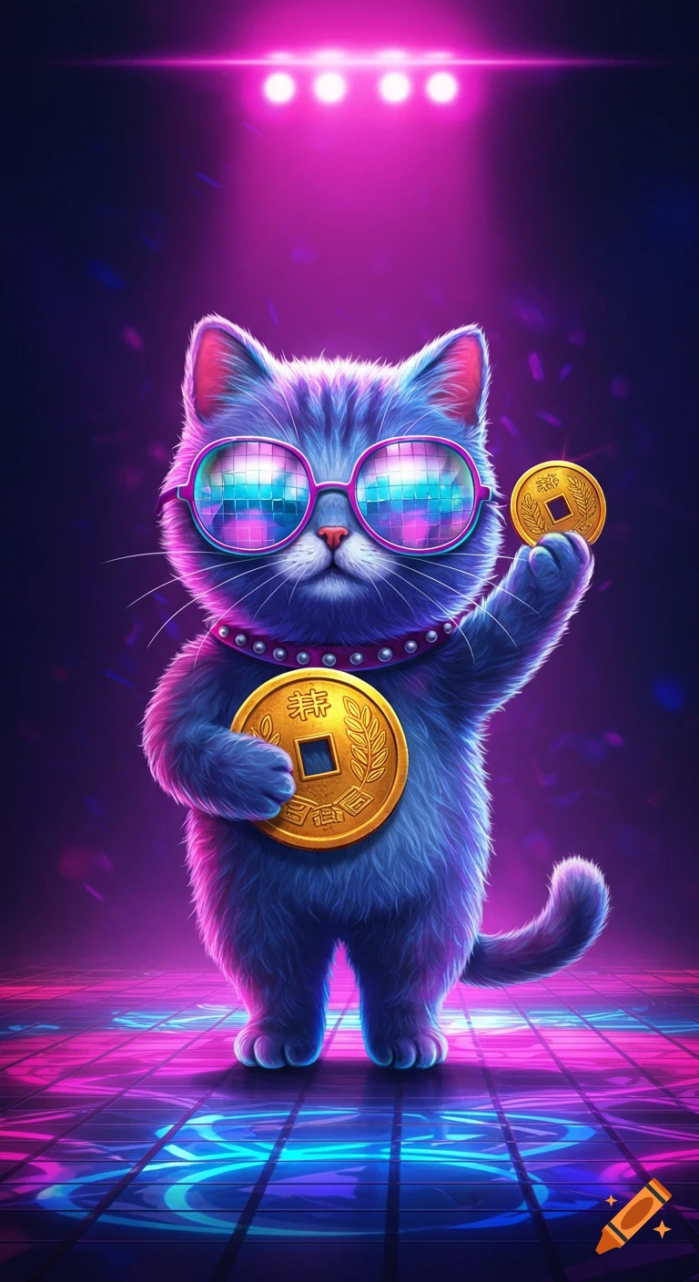 A stylized purple cat wearing sunglasses, raising its right paw while holding two golden coins, set against a neon disco background.