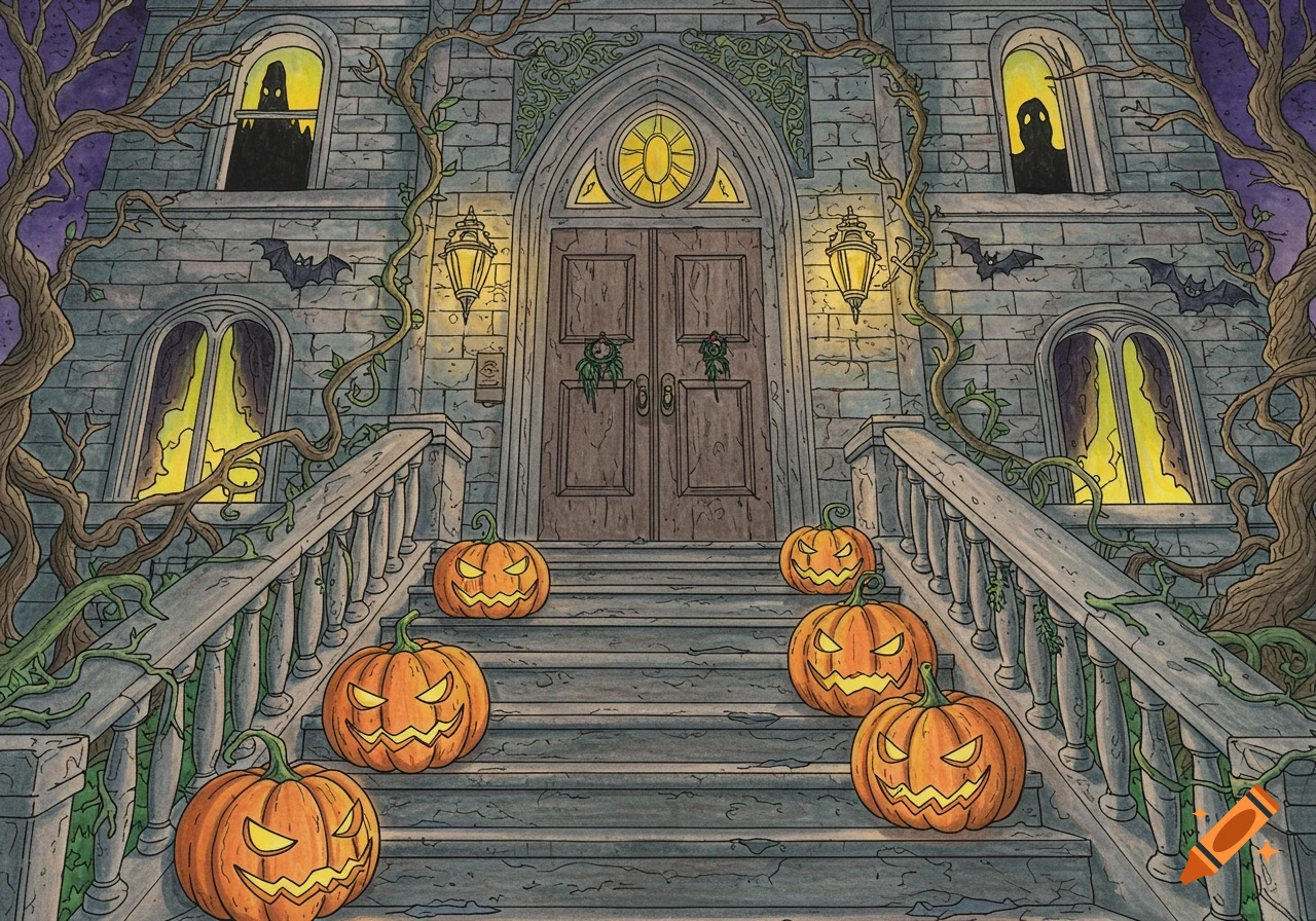 Coloring page style illustration of a haunted mansion at night, with jack-o'-lanterns on the steps and bats flying around.