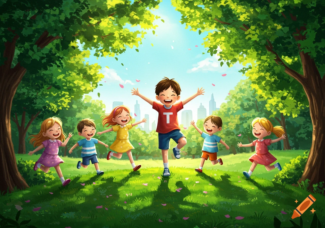 Cheerful cartoon children run and play in a sunny park, with trees and a city skyline in the background.