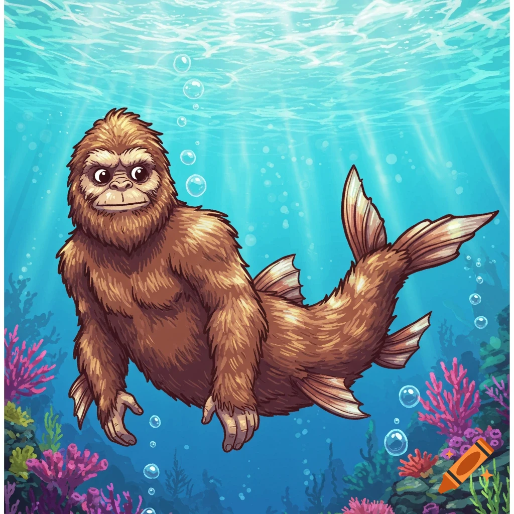 A furry brown creature, half Bigfoot and half fish, swims underwater surrounded by colorful coral reefs.