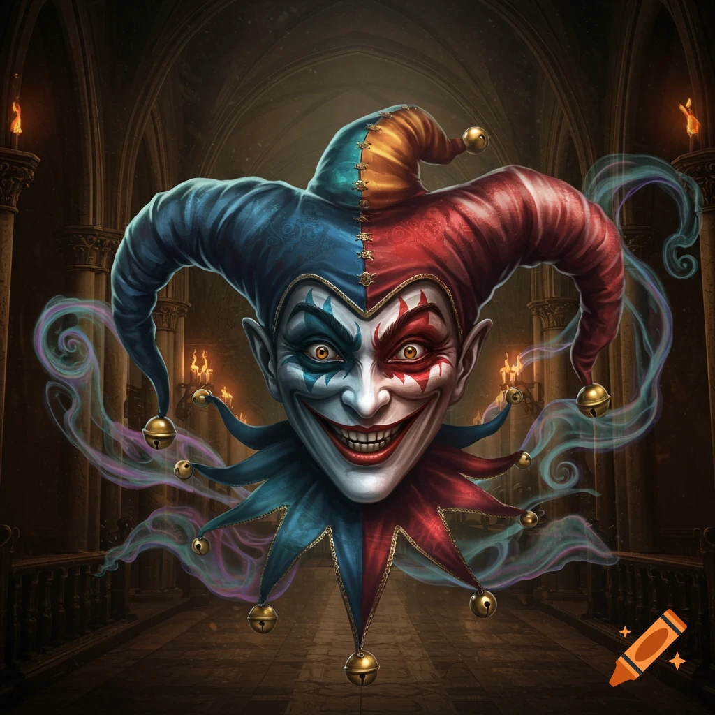 A grinning jester's head, half blue and half red, with bells on its hat, floats in a dark gothic hallway.