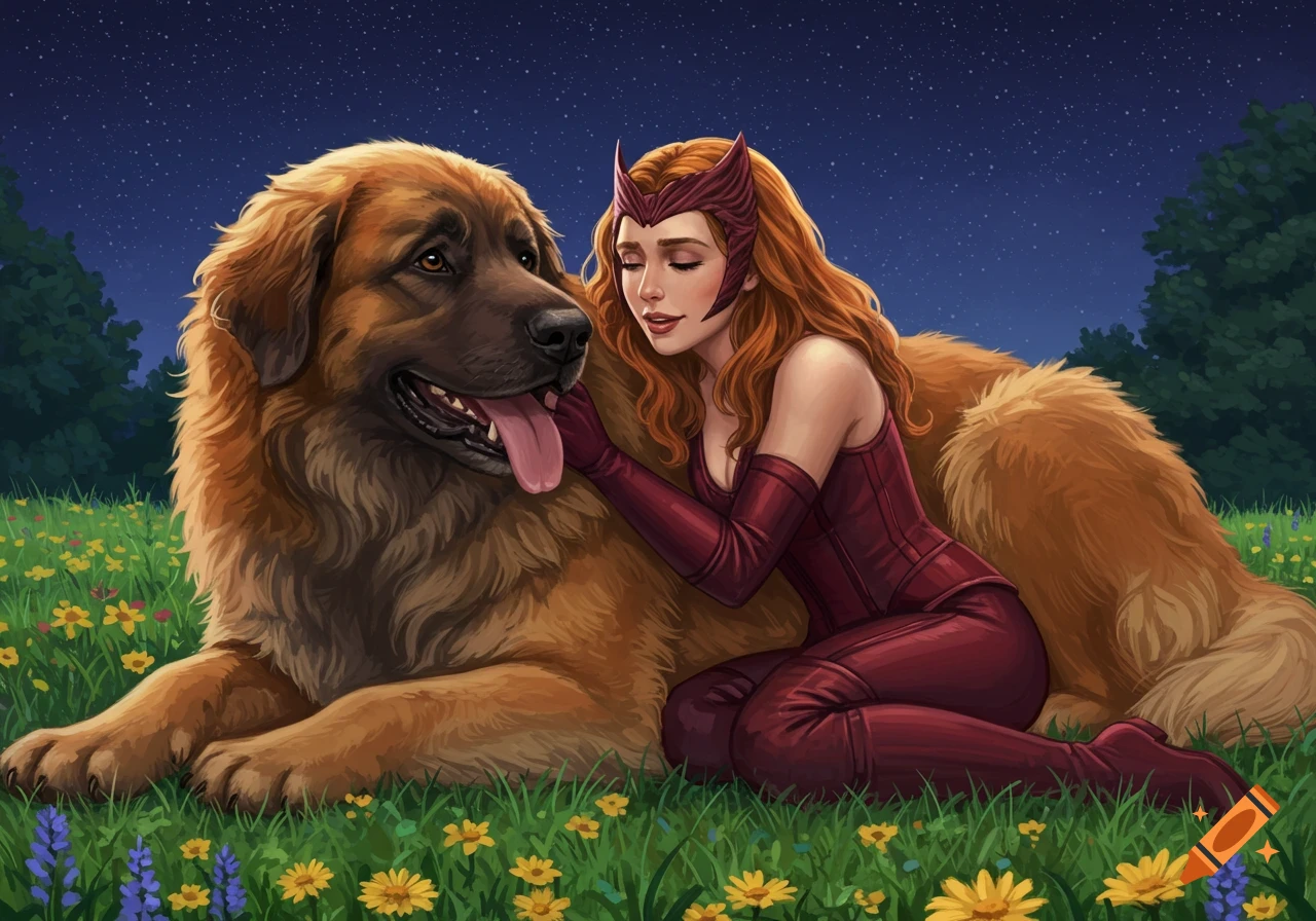 An illustration of Scarlet Witch cuddling a large Leonberger dog in a grassy field under a starry night sky.