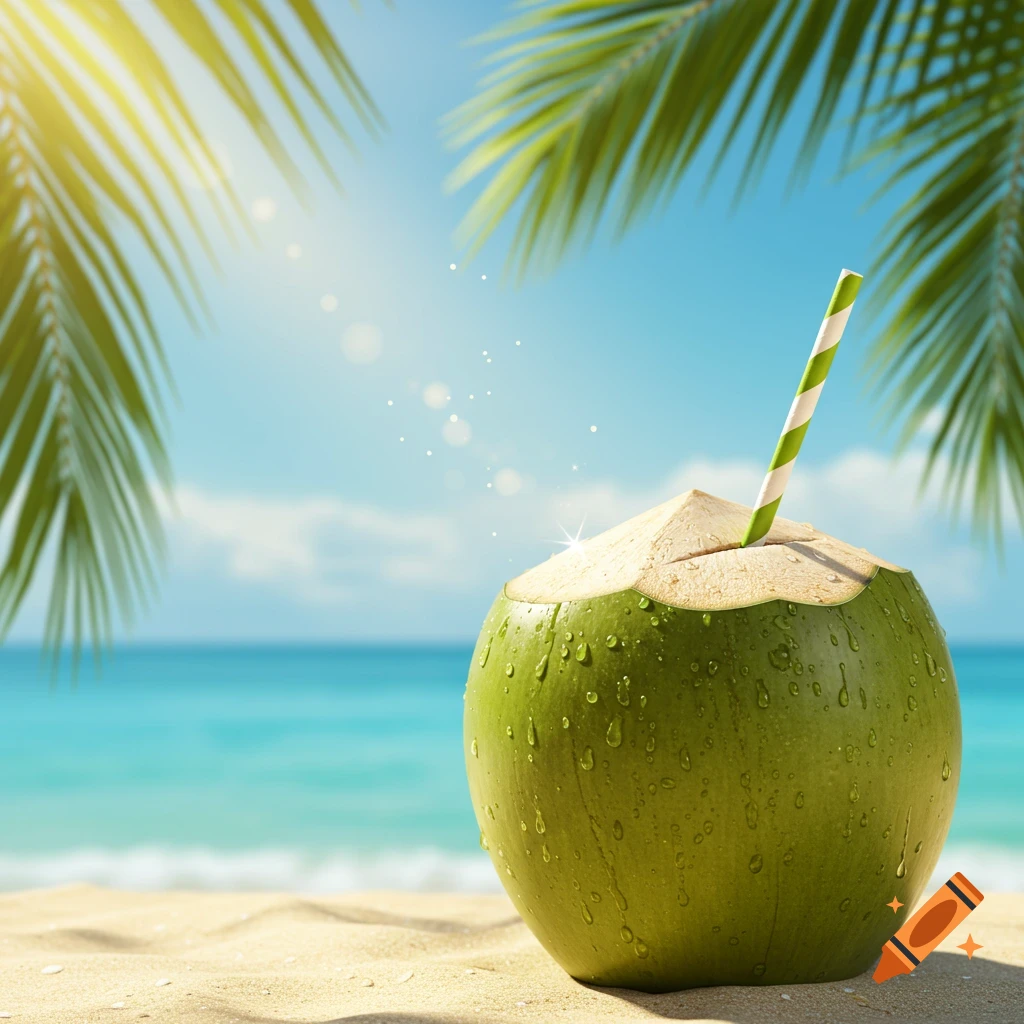 A fresh green coconut with a striped straw on a sunny beach, with ocean and palm leaves visible.