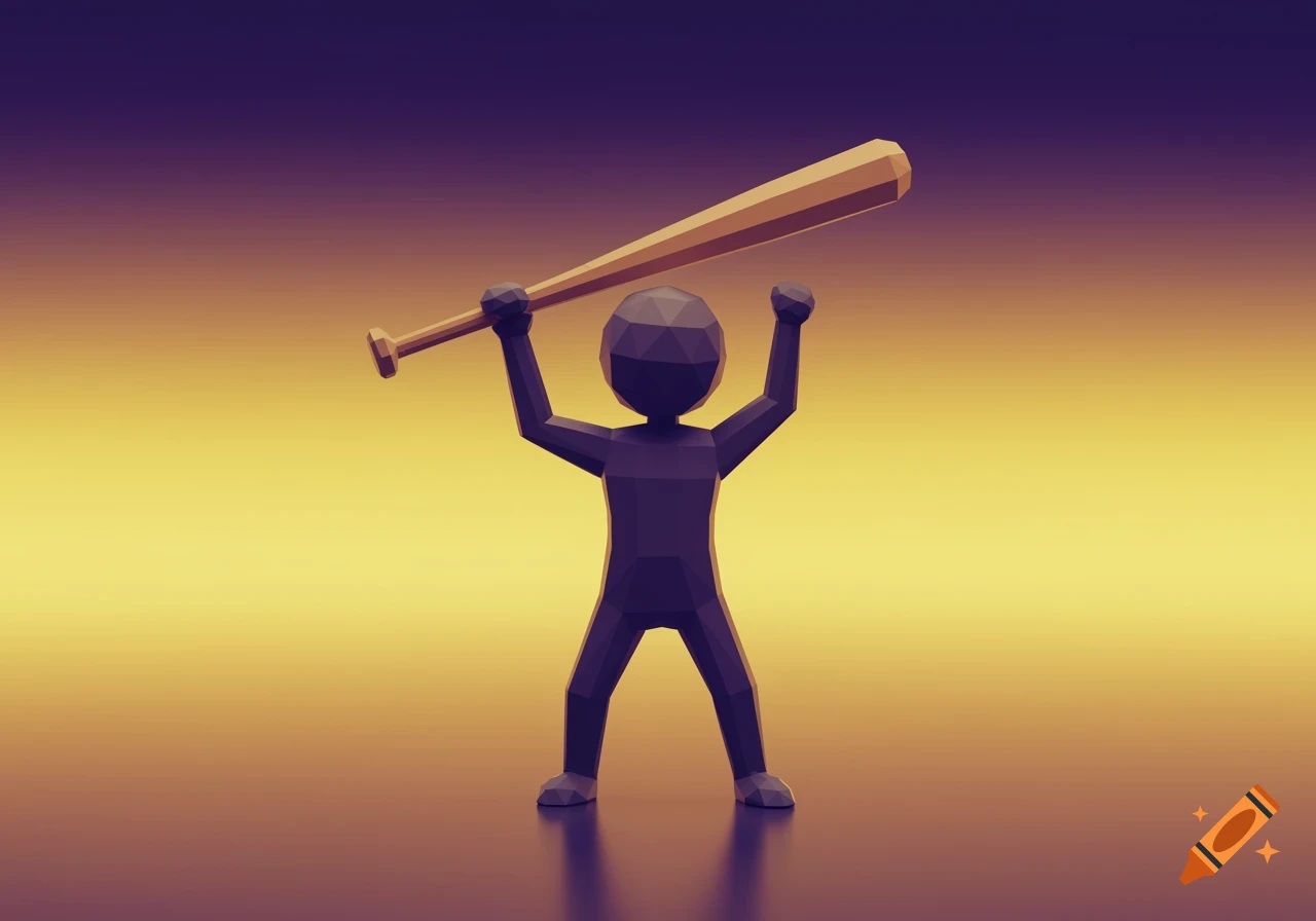 A low-poly dark figure holds a golden baseball bat above its head against a gradient yellow and purple background.